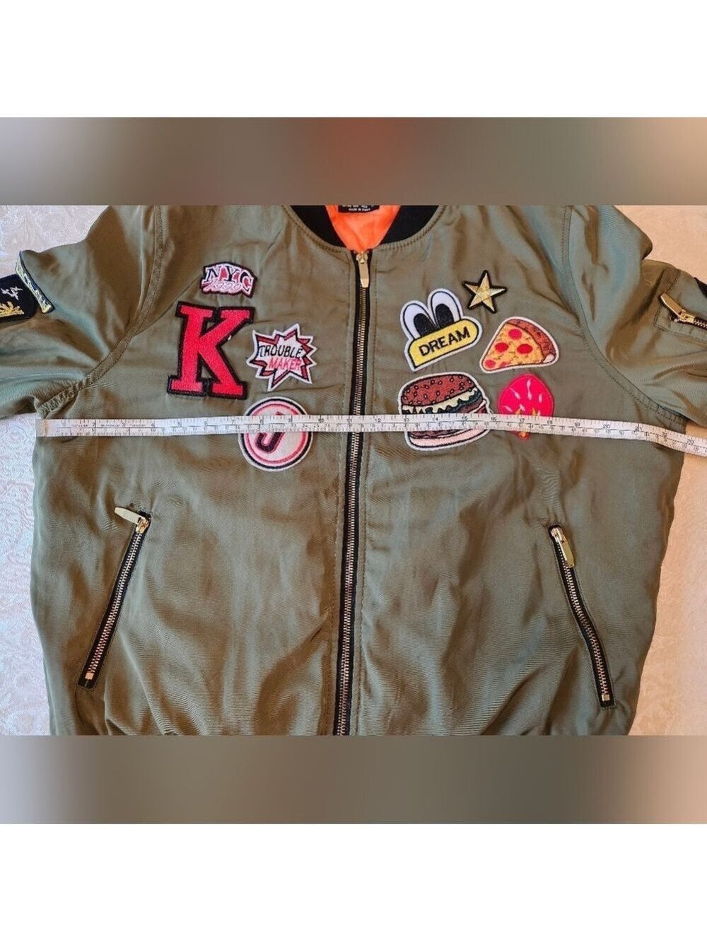 Atmosphere Green Bomber Jacket with Super Cool Unique Patches, Zippers, Size 10 - Picture 2 of 12